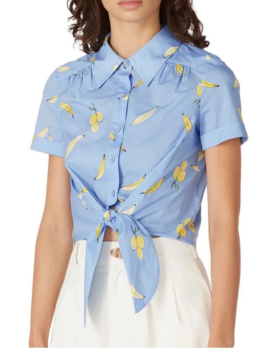 Milly Banana Print Bonnie Top - Blue Short-Sleeve Tie-Front Button-Down